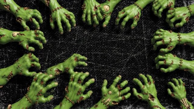 Creepy green monster hands reaching out from the darkness in a spooky halloween composition with copy space