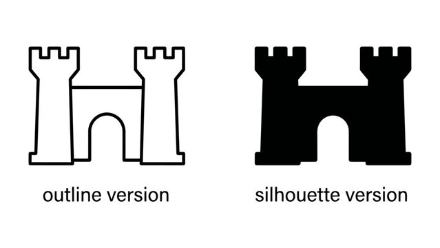 Castle Icon Duo: A graphic representation of a castle, presented in both outline and silhouette versions, symbolizing strength, history, and fortification.