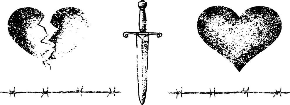 Grunge black and white stencil distressed broken heart dagger and barbed wire strip set for poster background and banner design