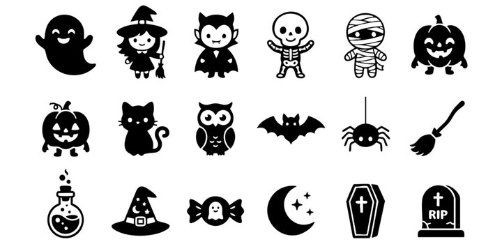 Set of Halloween icons featuring cute black silhouettes of ghosts, witches, vampires, skeletons, and pumpkins