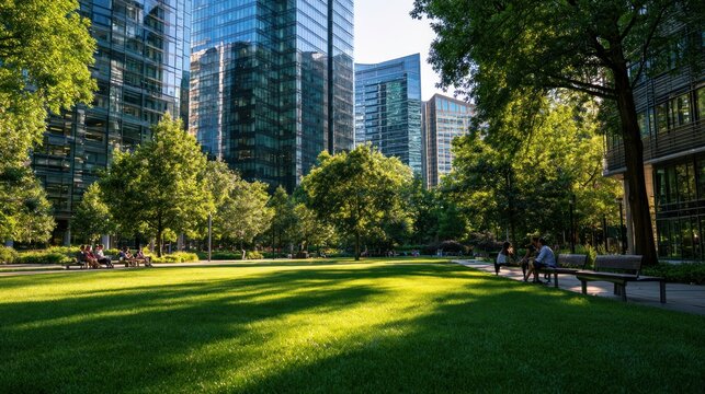 A serene park scene with lush green trees and a well-maintained lawn, featuring a couple of benches and a few people enjoying the outdoors.