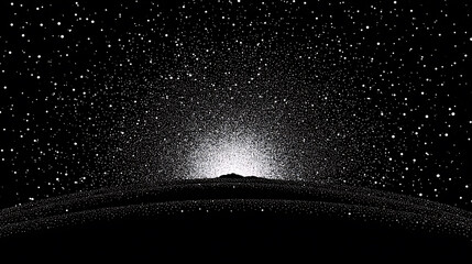 Fototapeta premium A cosmic landscape of a starburst radiating light from the horizon of a dark planet, with countless stars filling the night sky