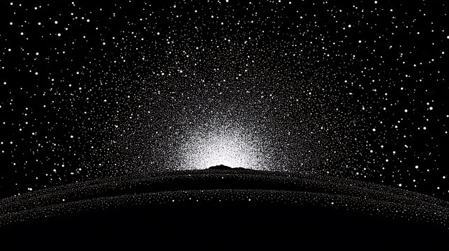 A cosmic landscape of a starburst radiating light from the horizon of a dark planet, with countless stars filling the night sky