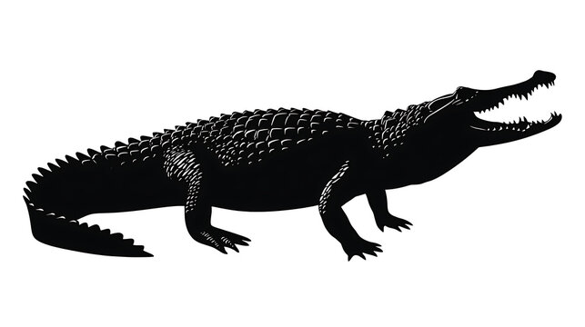 Silhouette of a menacing crocodile with its mouth open, showcasing its sharp teeth and scaly body