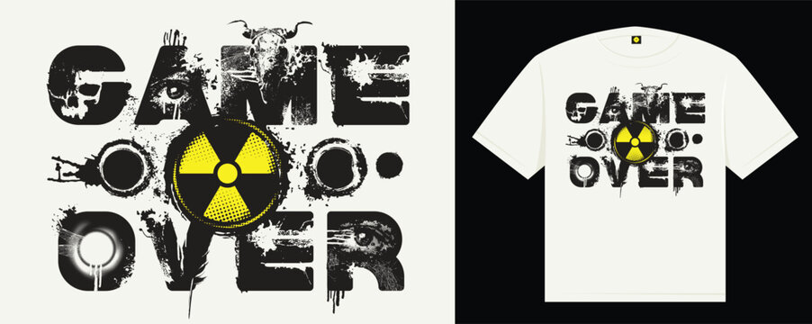 t-shirts graphics. Vector lettering Game Over in an urban grunge font featuring human eyes, skulls and radioactive hazard sign. Street art. Suitable for posters, album covers.
