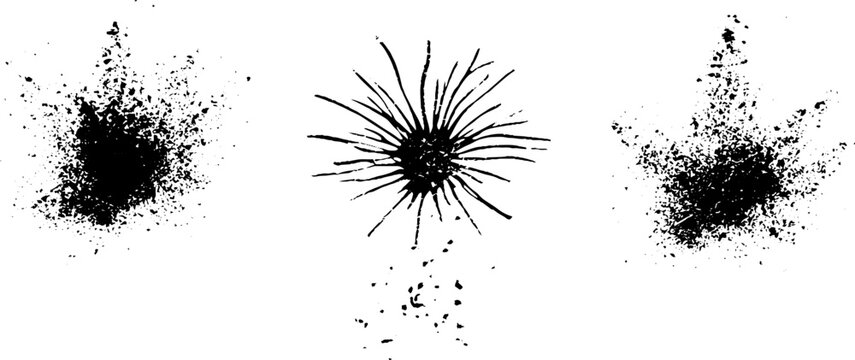 Black ink burst and splatter stencil set with radial lines and chaotic spray texture for background and poster design