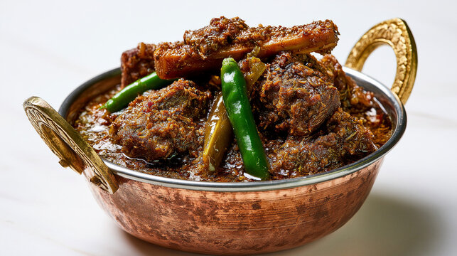Traditional indian mutton curry served in a copper bowl
