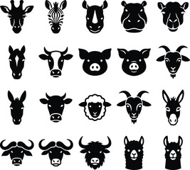 Obraz premium Set of black and white icons featuring a stylized animal face for various farm and wild zoo creatures