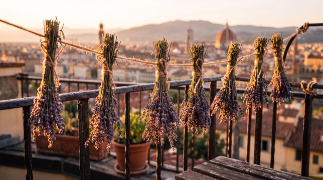 Bundles of dried lavender tied with twine hanging to dry on a balcony railing against a sunlit European city skyline at sunset.