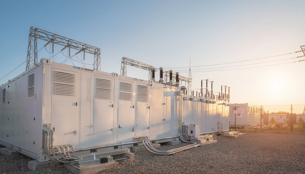 夕日に照らされた大型蓄電池と電力インフラ