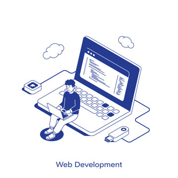 Isometric web development vector illustration. Software coding concept featuring a programmer sitting on a laptop with code on screen. Clean IT technology layout