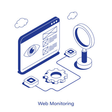 Isometric web monitoring vector illustration. Website analytics concept featuring a browser window with eye icon, magnifying glass, and gear. Clean IT technology layout