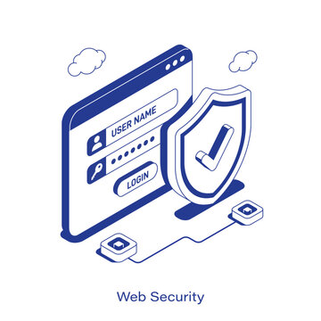 Isometric web security vector illustration. Online data protection concept featuring a website login form, username, password, and a shield with checkmark. Clean IT layout