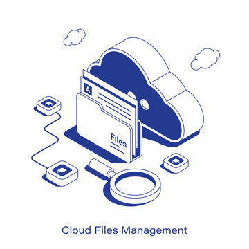 Isometric cloud files management vector illustration. Online data storage concept with a folder, documents, magnifying glass, and cloud icon. Clean IT technology layout