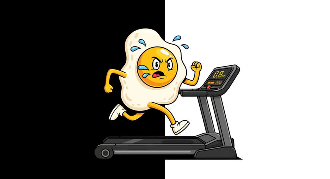 Funny cartoon fried egg character running on a treadmill vector illustration