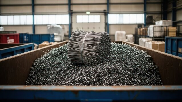 Industrial container filled with small metal scrap and wire bundle