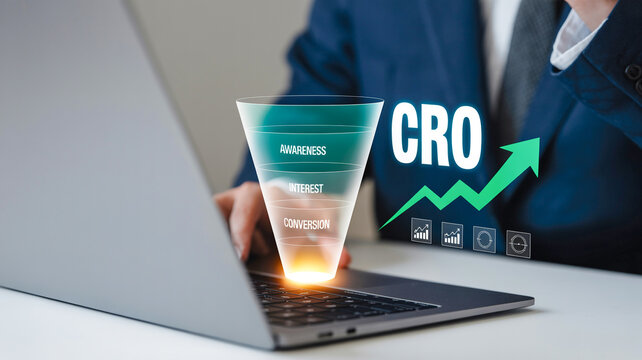 Professional Digital Marketer Analyzing Conversion Rate Optimization Funnel Metrics and Growth Trends on a Laptop Screen
