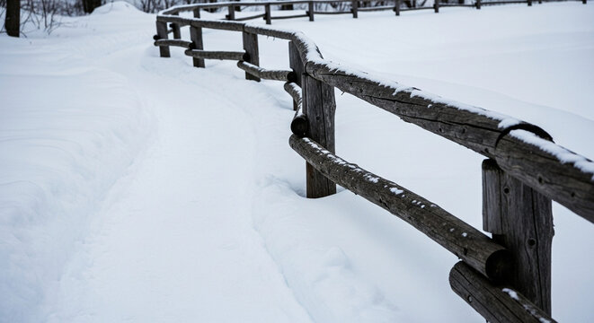An aged wooden fence creates a rustic boundary along a snowy path through a tranquil winter landscape, evoking a sense of seasonal solitude and peaceful seclusion