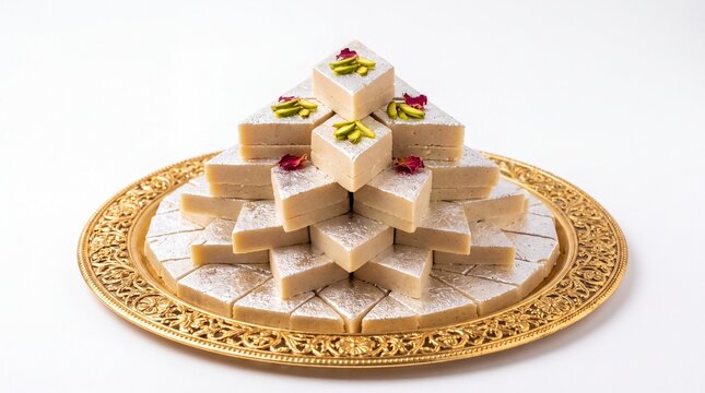 Stacked kaju katli indian diamond shaped cashew sweets served on golden platter on white background