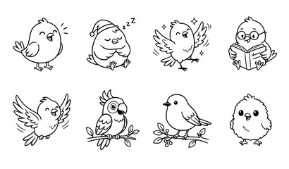 Naklejka premium Funny Cartoon Bird Character Doodle Icons Collection Black Outline Vector Set