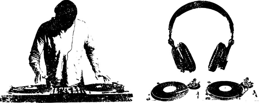 Grunge black and white hip hop dj stencil set with turntables headphones and mixer for poster and banner design