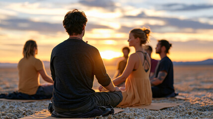 Fototapeta premium A meditation guide leads a small group seated in a dry salt flat at dusk, the empty desolate landscape stretching to the horizon, participants eyes closed on thin mats, windswept stillness amplifyin