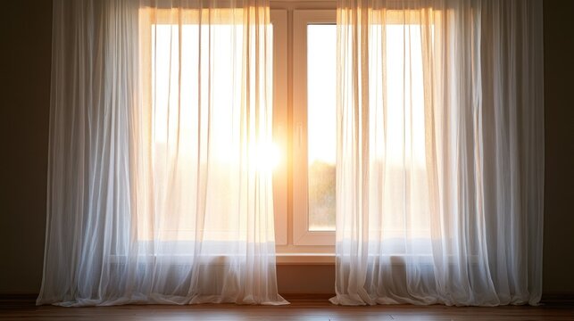 Two white curtains hanging in front of a window with sunlight streaming through