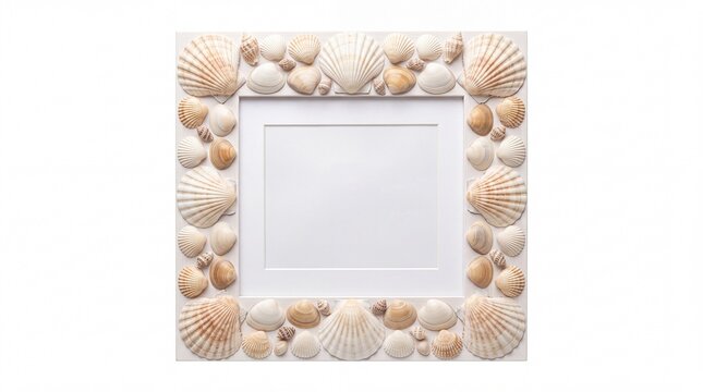 Decorative square picture frame adorned with natural sea shells arranged neatly on white background