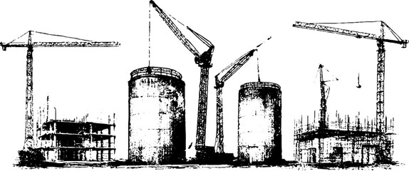 Obraz premium Grunge black and white industrial cranes and silo tanks under construction for background poster and banner design