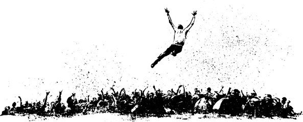 Obraz premium Grunge black and white crowd stage dive stencil of a person leaping over audience for poster banner and background design capturing dramatic concert action and live festival energy
