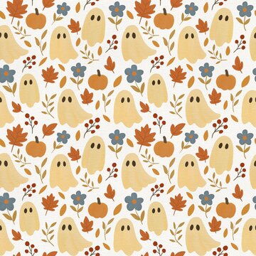 seamless autumn pattern with autumn leaves and fall ghost