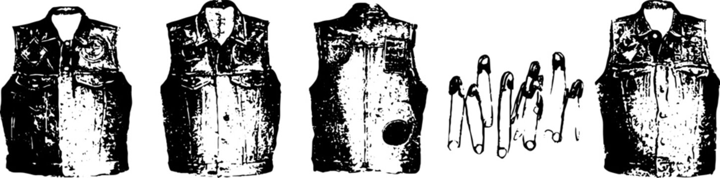 Grunge black and white punk club leather vest stencil set featuring multiple sleeveless jackets and safety pins for banner background and design use