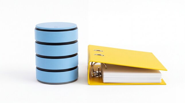 Modern blue data storage hard drive beside a bright yellow office ring binder on white background