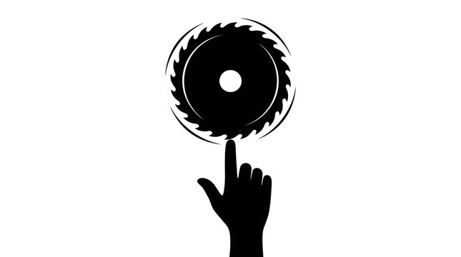 Hand touching spinning circular saw blade silhouette