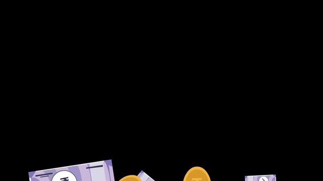 Animation of Indian Rupee Notes And Coins Illustrating Money, Finance, And Wealth Concepts with alpha