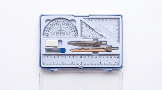 Mathematical geometry drawing set featuring metal compass ruler and protractor arranged neatly on white background