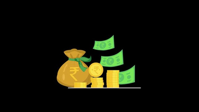 Animation of Indian Rupee Notes and Money Bag Representing Savings, Investment and Wealth with Alpha 
