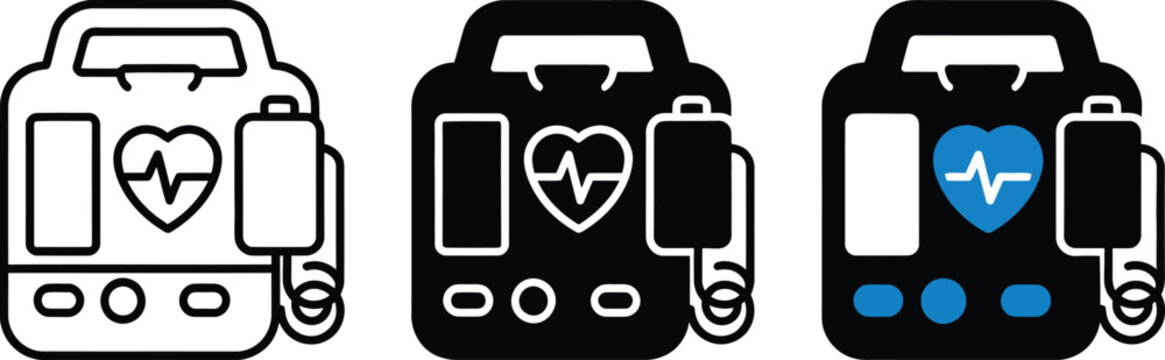 Set of automated external defibrillator icons, aed medical device for emergency cardiac care