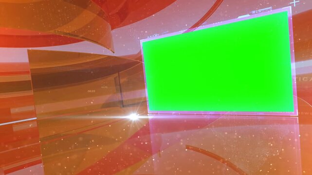 3D Curved Glass Studio - Modern Orange Broadcast Newsroom Background with Green Screen Screen Frame