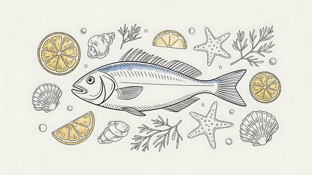 Marine food set with fish and lemon. Summer coastal elements for menu design. Sea life sketches for travel blo