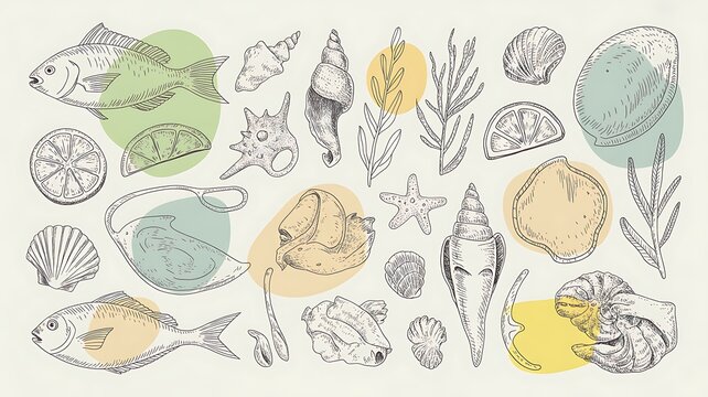 Marine food set with fish and lemon. Summer coastal elements for menu design. Sea life sketches for travel blo