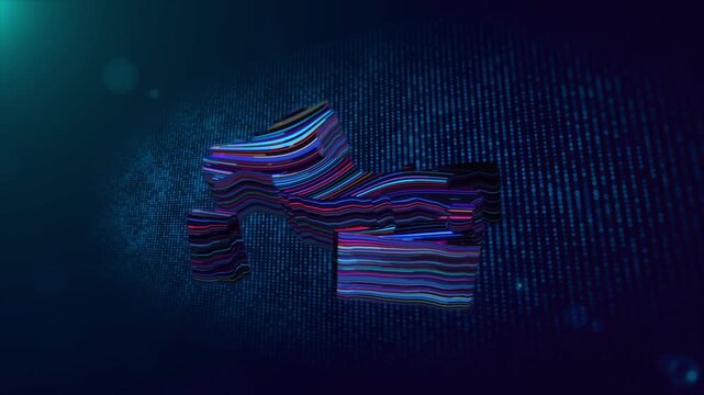 Animated Italy map reveal featuring glowing neon wave lines, particle grid background, cinematic lighting, depth of field, and country name reveal for technology themed motion graphics.