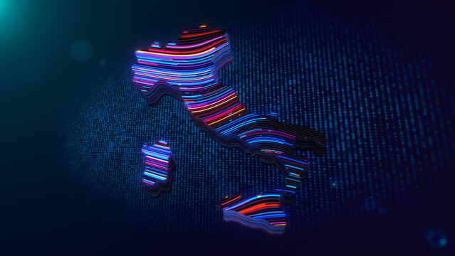 Abstract 3D extruded Italy map featuring glowing multicolor wavy lines over a futuristic blue particle grid with depth of field, light flare, and digital technology style.