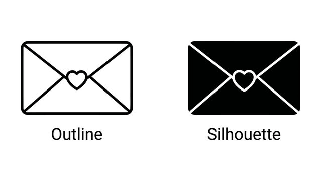 Envelope Icon: Simple and clean line art and silhouette icons of an envelope with a heart symbol, perfect for digital communication and design projects.