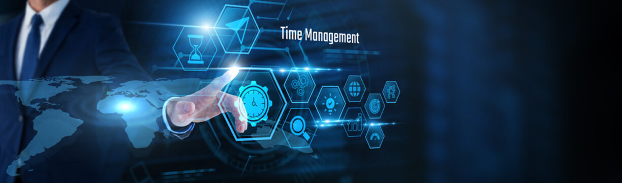 Businessman touch Time Management, and productivity data. Task scheduling, workflow optimization, efficiency improvement, business planning, priority management, organizational productivity.