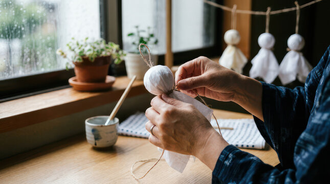 Hands crafting traditional Japanese teru teru bozu dolls for good weather.