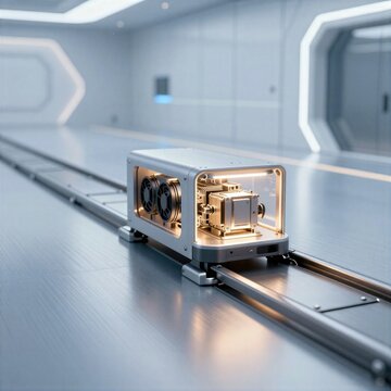 Autonomous shuttle robot moving in futuristic facility