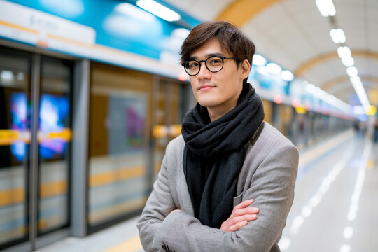 Asian male commuter wearing glasses and a gray blazer stands confidently with arms crossed in a modern subway station with blurred train in the background