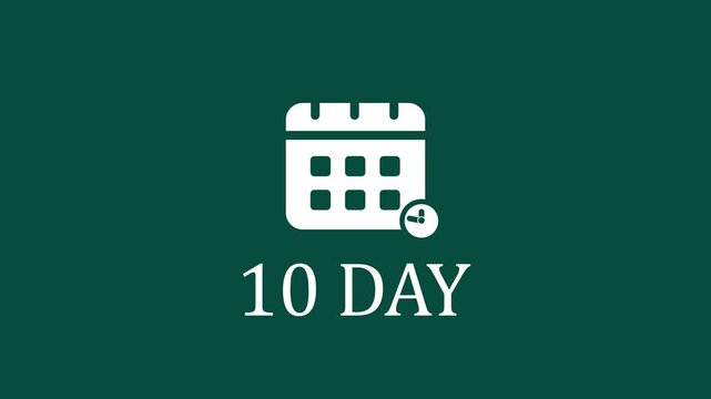 10 day countdown calendar animation with rotating clock on dark green background, time deadline