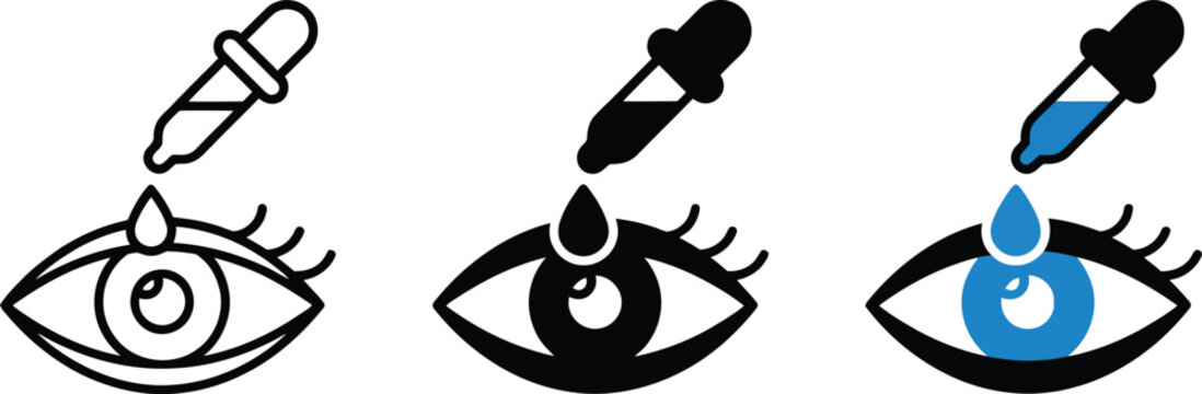 Set of eye drop icons, vector illustration of applying eye drops to the eye